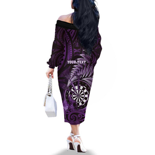 Personalised New Zealand Darts Family Matching Off The Shoulder Long Sleeve Dress and Hawaiian Shirt Maori Koru Dartboard Purple Flame