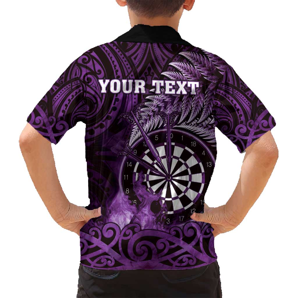 Personalised New Zealand Darts Family Matching Off Shoulder Maxi Dress and Hawaiian Shirt Maori Koru Dartboard Purple Flame