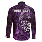 Personalised New Zealand Darts Family Matching Off Shoulder Maxi Dress and Hawaiian Shirt Maori Koru Dartboard Purple Flame