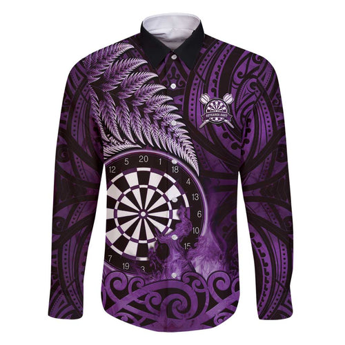 Personalised New Zealand Darts Family Matching Off Shoulder Short Dress and Hawaiian Shirt Maori Koru Dartboard Purple Flame