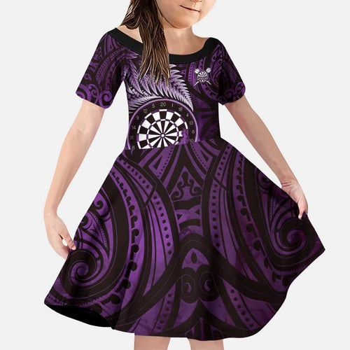 Personalised New Zealand Darts Family Matching Puletasi and Hawaiian Shirt Maori Koru Dartboard Purple Flame