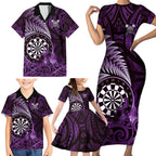 Personalised New Zealand Darts Family Matching Short Sleeve Bodycon Dress and Hawaiian Shirt Maori Koru Dartboard Purple Flame