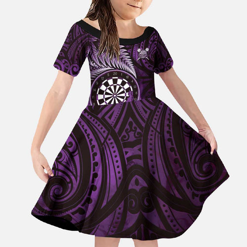 Personalised New Zealand Darts Family Matching Short Sleeve Bodycon Dress and Hawaiian Shirt Maori Koru Dartboard Purple Flame