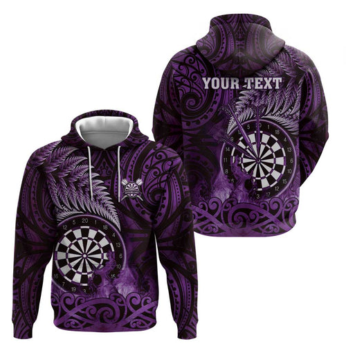 Personalised New Zealand Darts Hoodie Maori Koru Dartboard Purple Flame