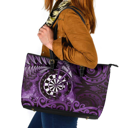 New Zealand Darts Leather Tote Bag Maori Koru Dartboard Purple Flame