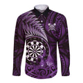 Personalised New Zealand Darts Long Sleeve Button Shirt Maori Koru Dartboard Purple Flame