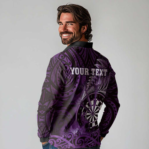 Personalised New Zealand Darts Long Sleeve Polo Shirt Maori Koru Dartboard Purple Flame
