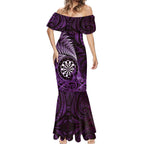 Personalised New Zealand Darts Mermaid Dress Maori Koru Dartboard Purple Flame