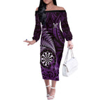 Personalised New Zealand Darts Off The Shoulder Long Sleeve Dress Maori Koru Dartboard Purple Flame