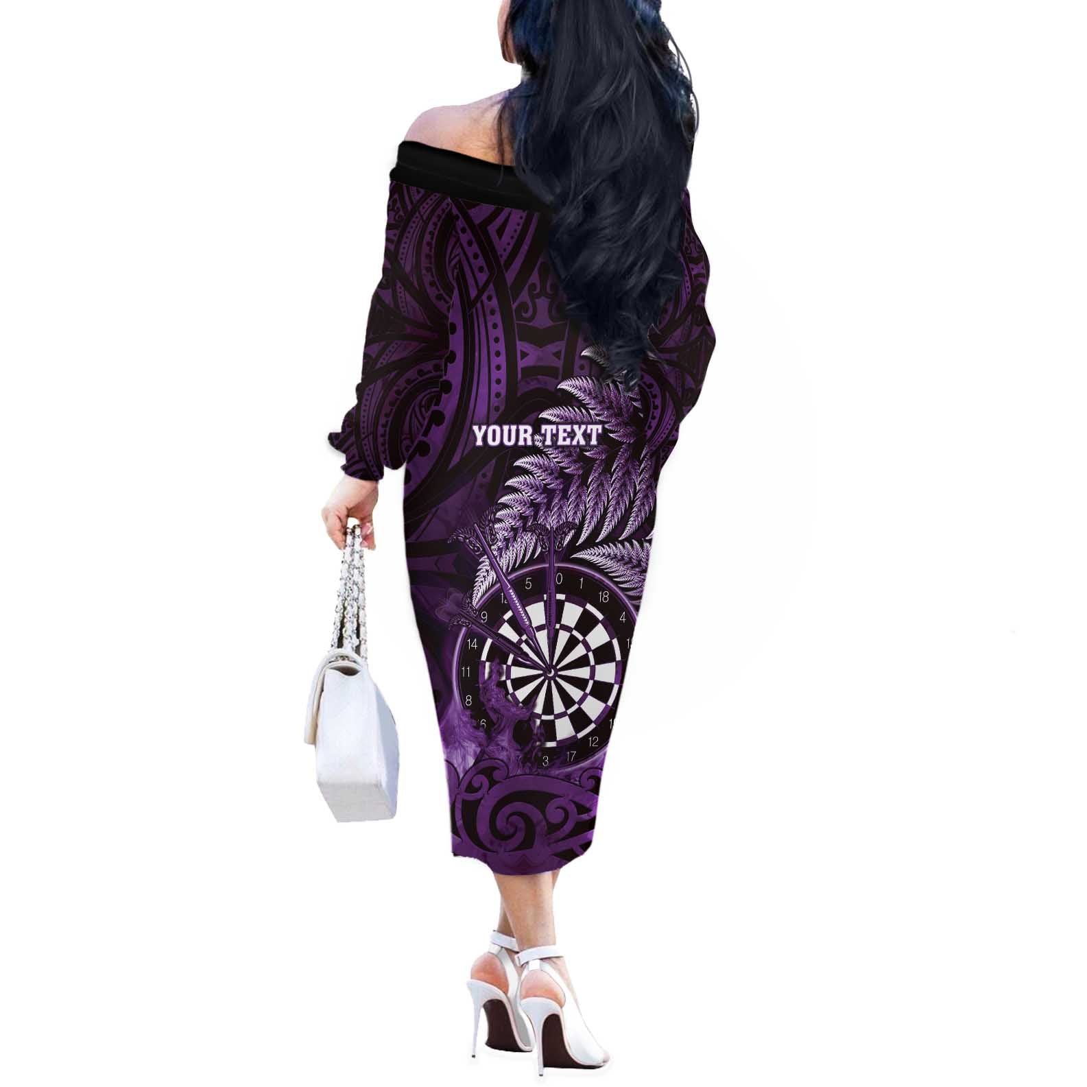 Personalised New Zealand Darts Off The Shoulder Long Sleeve Dress Maori Koru Dartboard Purple Flame