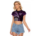 Personalised New Zealand Darts Raglan Cropped T Shirt Maori Koru Dartboard Purple Flame