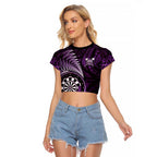 Personalised New Zealand Darts Raglan Cropped T Shirt Maori Koru Dartboard Purple Flame