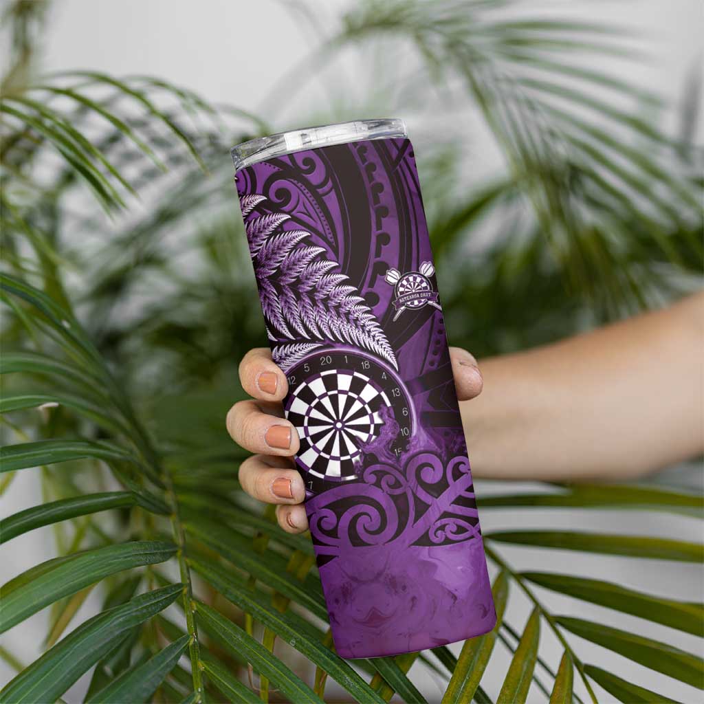 Personalised New Zealand Darts Skinny Tumbler Maori Koru Dartboard Purple Flame