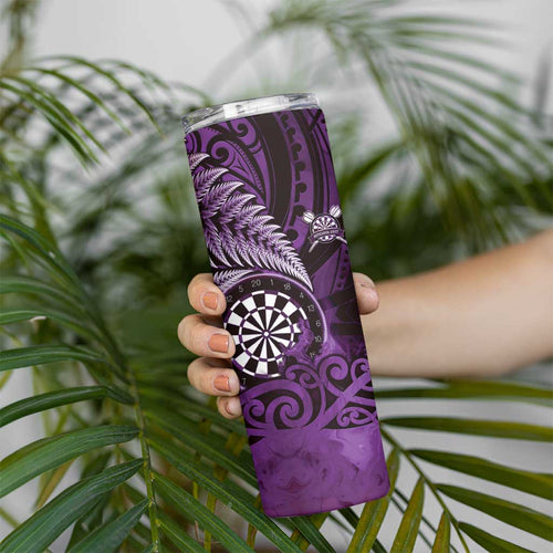 Personalised New Zealand Darts Skinny Tumbler Maori Koru Dartboard Purple Flame