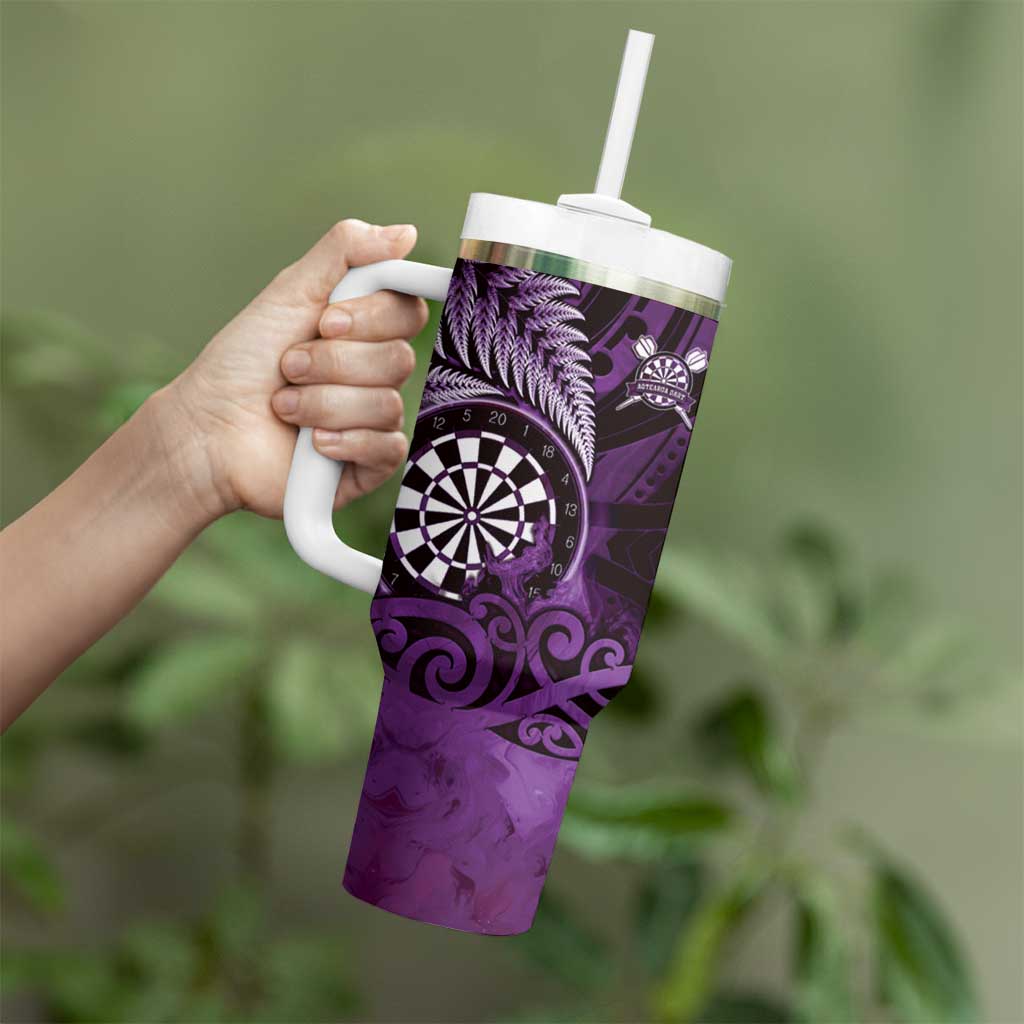 Personalised New Zealand Darts Tumbler With Handle Maori Koru Dartboard Purple Flame
