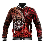 Personalised New Zealand Darts Baseball Jacket Maori Koru Dartboard Red Flame