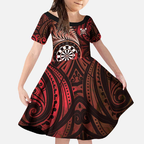 Personalised New Zealand Darts Family Matching Long Sleeve Bodycon Dress and Hawaiian Shirt Maori Koru Dartboard Red Flame
