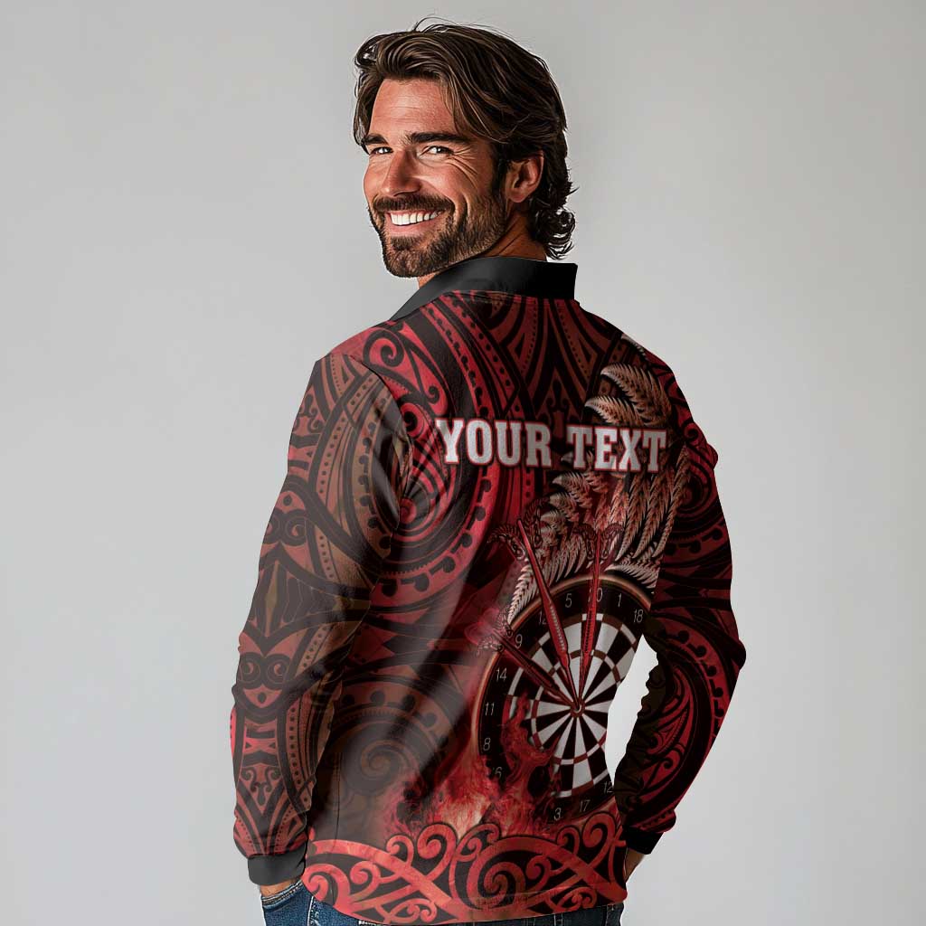 Personalised New Zealand Darts Long Sleeve Polo Shirt Maori Koru Dartboard Red Flame