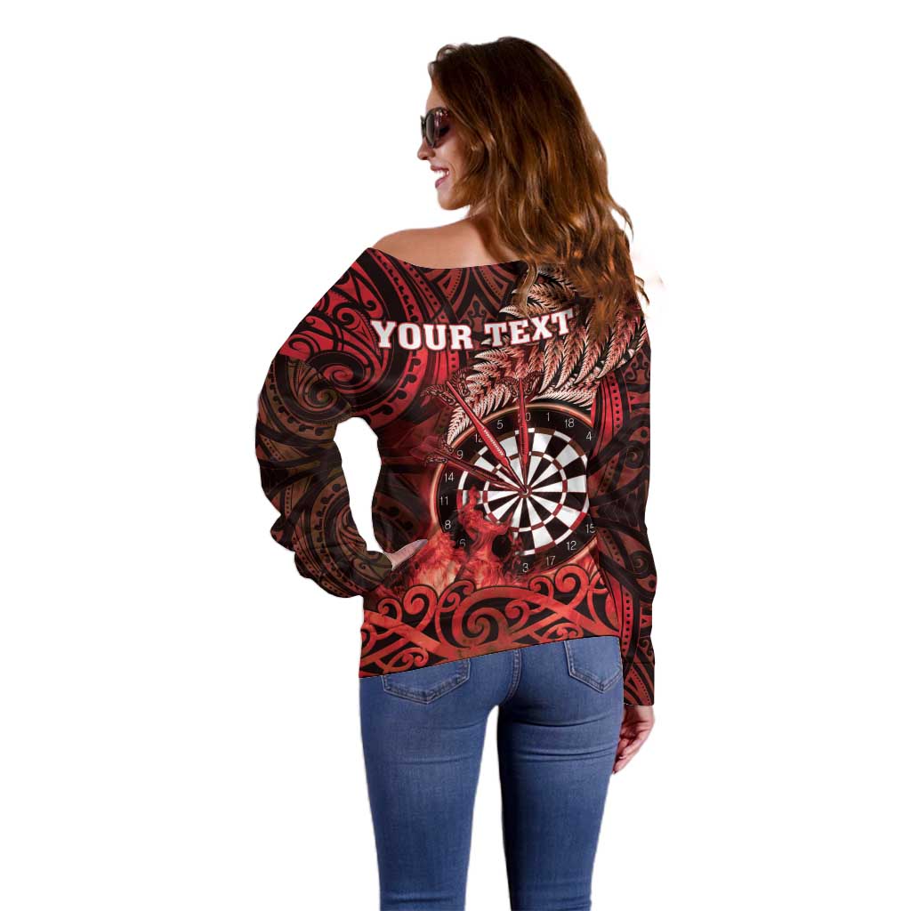 Personalised New Zealand Darts Off Shoulder Sweater Maori Koru Dartboard Red Flame