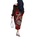 Personalised New Zealand Darts Off The Shoulder Long Sleeve Dress Maori Koru Dartboard Red Flame