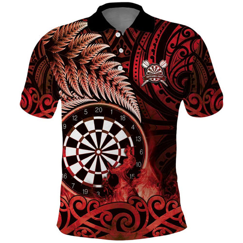 Personalised New Zealand Darts Polo Shirt Maori Koru Dartboard Red Flame