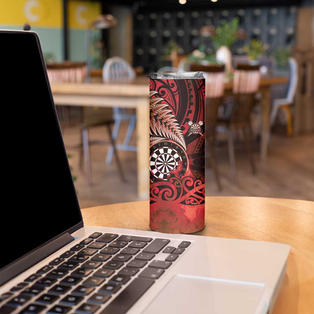 Personalised New Zealand Darts Skinny Tumbler Maori Koru Dartboard Red Flame