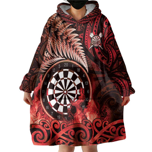 Personalised New Zealand Darts Wearable Blanket Hoodie Maori Koru Dartboard Red Flame