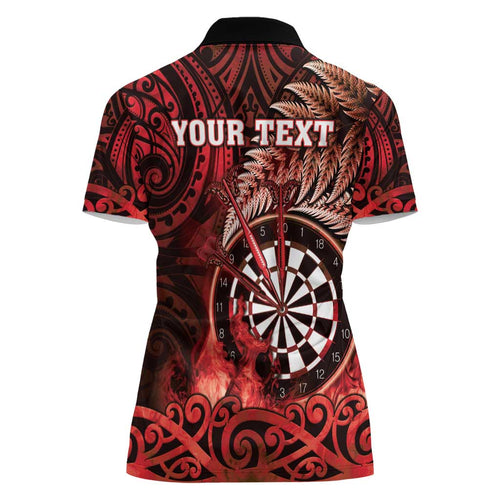 Personalised New Zealand Darts Women Polo Shirt Maori Koru Dartboard Red Flame