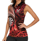 Personalised New Zealand Darts Women Sleeveless Polo Shirt Maori Koru Dartboard Red Flame