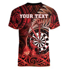 Personalised New Zealand Darts Women V-Neck T-Shirt Maori Koru Dartboard Red Flame