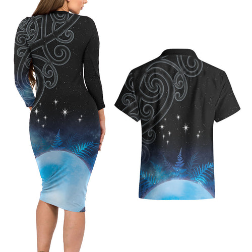New Zealand Matariki Couples Matching Long Sleeve Bodycon Dress and Hawaiian Shirt Pleiades Star Cluster Blue Galaxy