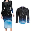 New Zealand Matariki Couples Matching Long Sleeve Bodycon Dress and Long Sleeve Button Shirt Pleiades Star Cluster Blue Galaxy