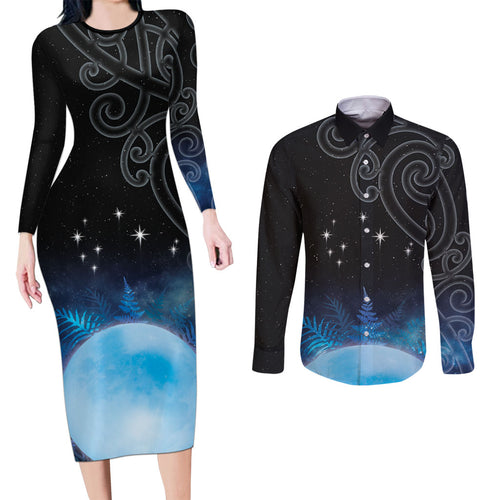 New Zealand Matariki Couples Matching Long Sleeve Bodycon Dress and Long Sleeve Button Shirt Pleiades Star Cluster Blue Galaxy