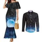 New Zealand Matariki Couples Matching Mermaid Dress and Long Sleeve Button Shirt Pleiades Star Cluster Blue Galaxy