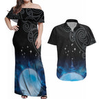 New Zealand Matariki Couples Matching Off Shoulder Maxi Dress and Hawaiian Shirt Pleiades Star Cluster Blue Galaxy