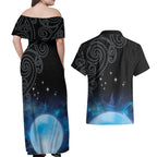New Zealand Matariki Couples Matching Off Shoulder Maxi Dress and Hawaiian Shirt Pleiades Star Cluster Blue Galaxy