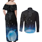 New Zealand Matariki Couples Matching Off Shoulder Maxi Dress and Long Sleeve Button Shirt Pleiades Star Cluster Blue Galaxy