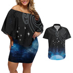 New Zealand Matariki Couples Matching Off Shoulder Short Dress and Hawaiian Shirt Pleiades Star Cluster Blue Galaxy