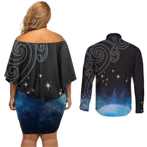 New Zealand Matariki Couples Matching Off Shoulder Short Dress and Long Sleeve Button Shirt Pleiades Star Cluster Blue Galaxy