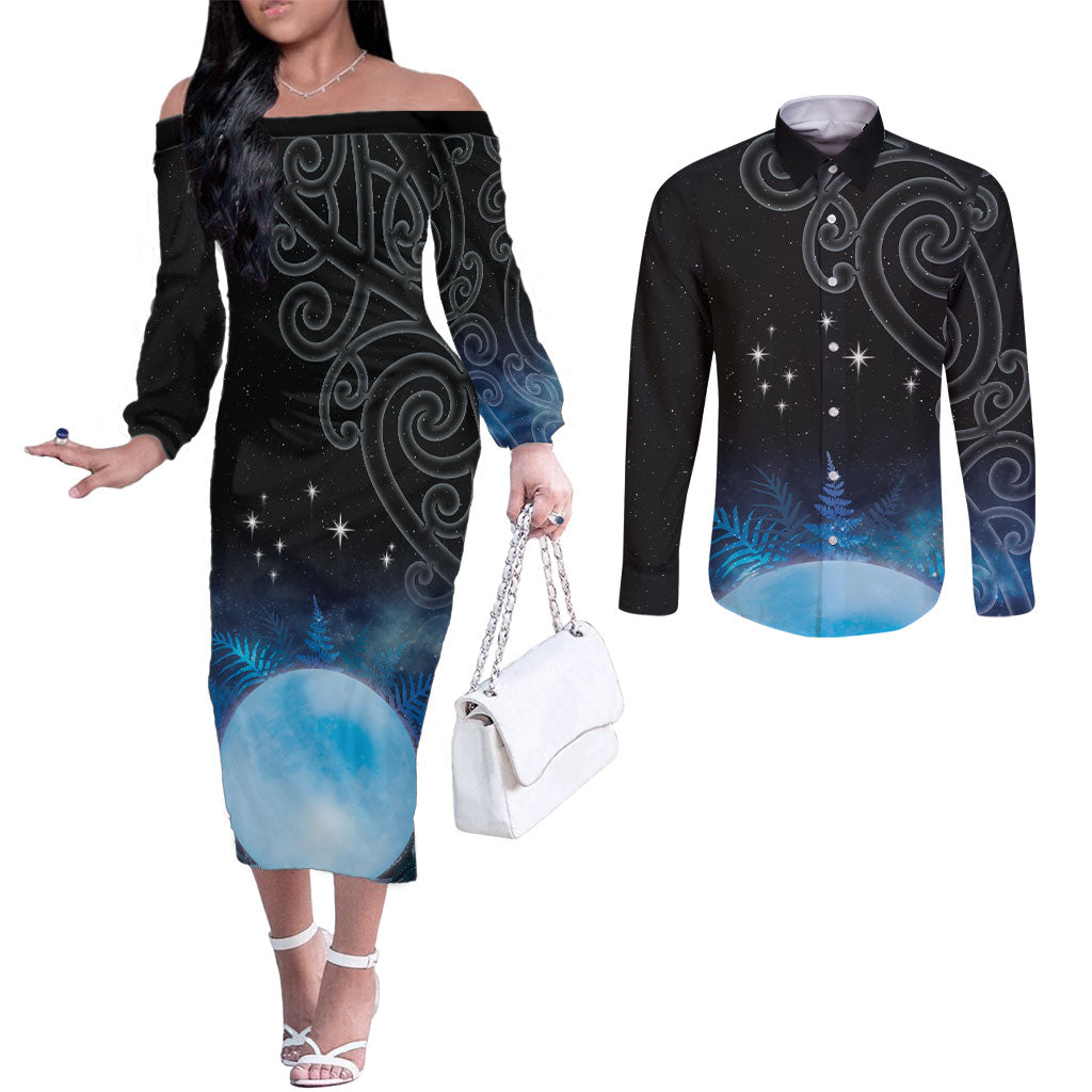 New Zealand Matariki Couples Matching Off The Shoulder Long Sleeve Dress and Long Sleeve Button Shirt Pleiades Star Cluster Blue Galaxy