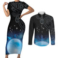 New Zealand Matariki Couples Matching Short Sleeve Bodycon Dress and Long Sleeve Button Shirt Pleiades Star Cluster Blue Galaxy