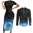 New Zealand Matariki Couples Matching Short Sleeve Bodycon Dress and Long Sleeve Button Shirt Pleiades Star Cluster Blue Galaxy