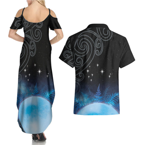 New Zealand Matariki Couples Matching Summer Maxi Dress and Hawaiian Shirt Pleiades Star Cluster Blue Galaxy