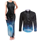 New Zealand Matariki Couples Matching Tank Maxi Dress and Long Sleeve Button Shirt Pleiades Star Cluster Blue Galaxy