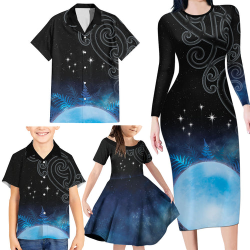 New Zealand Matariki Family Matching Long Sleeve Bodycon Dress and Hawaiian Shirt Pleiades Star Cluster Blue Galaxy