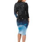 New Zealand Matariki Family Matching Long Sleeve Bodycon Dress and Hawaiian Shirt Pleiades Star Cluster Blue Galaxy