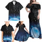 New Zealand Matariki Family Matching Off Shoulder Maxi Dress and Hawaiian Shirt Pleiades Star Cluster Blue Galaxy