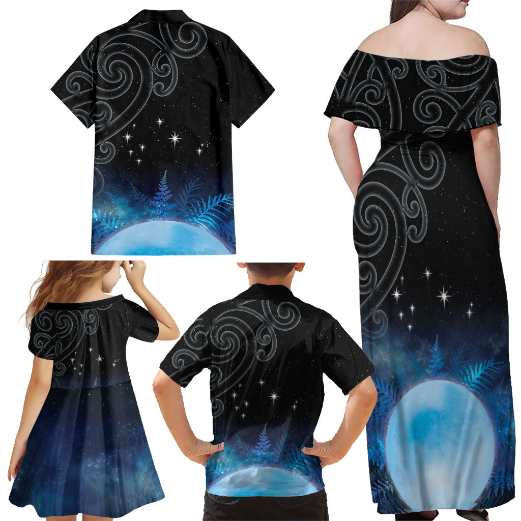 New Zealand Matariki Family Matching Off Shoulder Maxi Dress and Hawaiian Shirt Pleiades Star Cluster Blue Galaxy