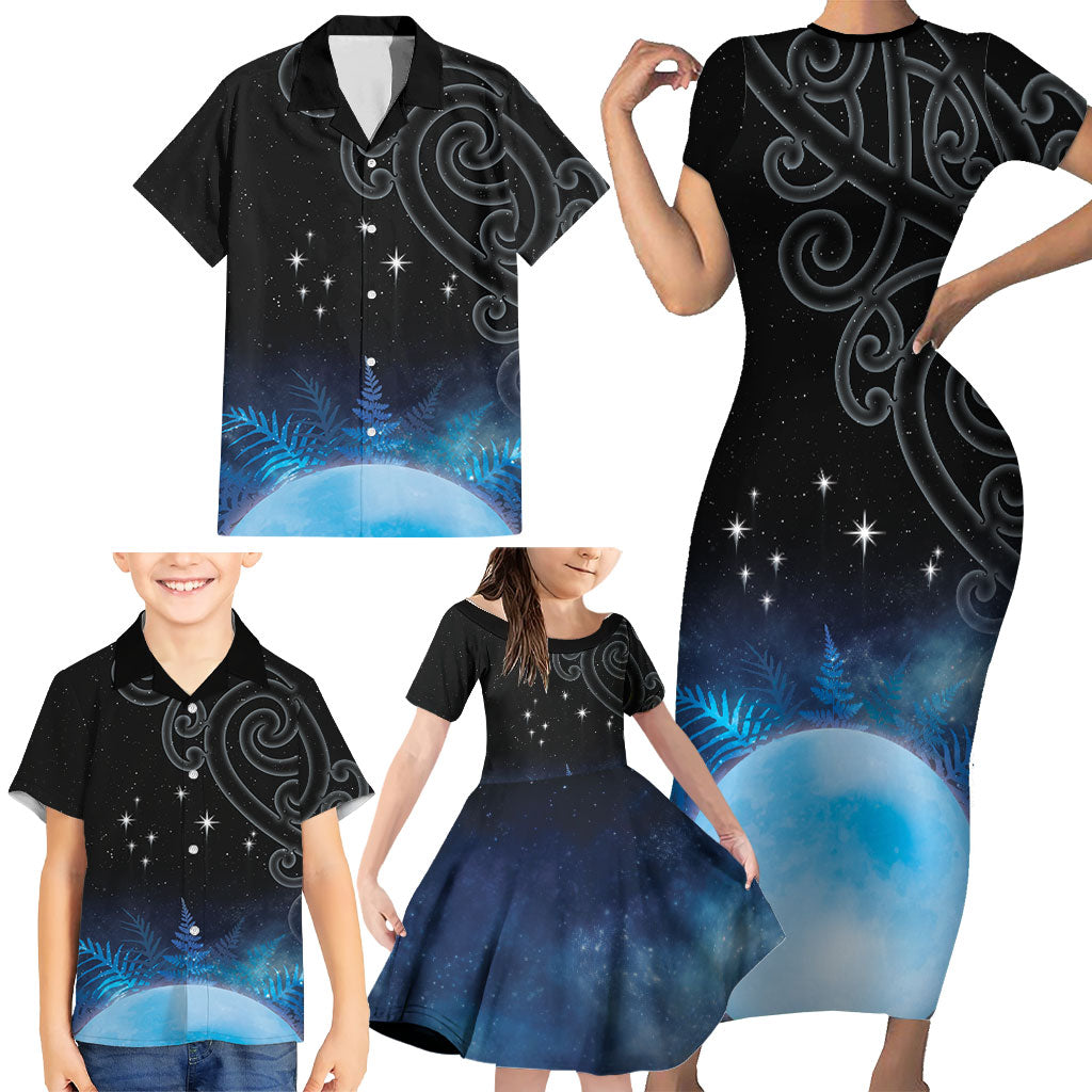 New Zealand Matariki Family Matching Short Sleeve Bodycon Dress and Hawaiian Shirt Pleiades Star Cluster Blue Galaxy