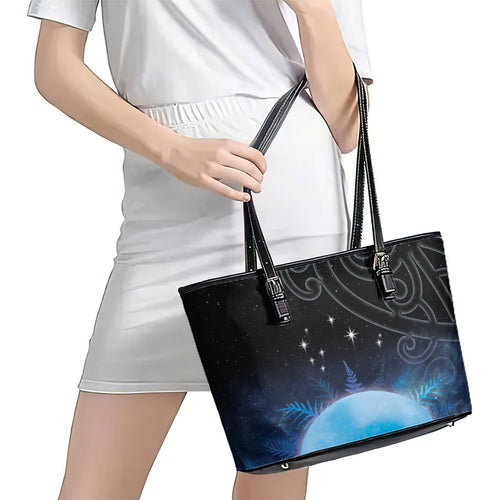 New Zealand Matariki Leather Tote Bag Pleiades Star Cluster Blue Galaxy